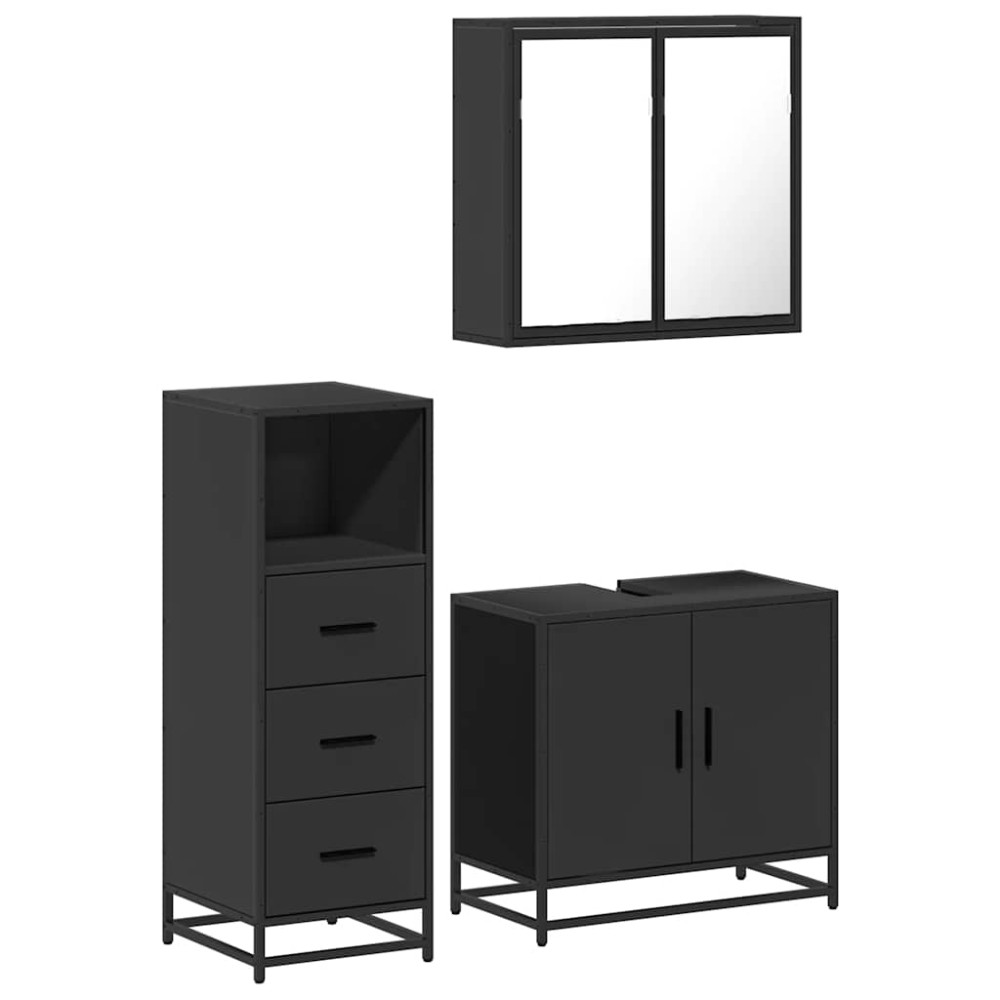 vidaXL Set mobilier de baie, 3 piese, negru, lemn compozit