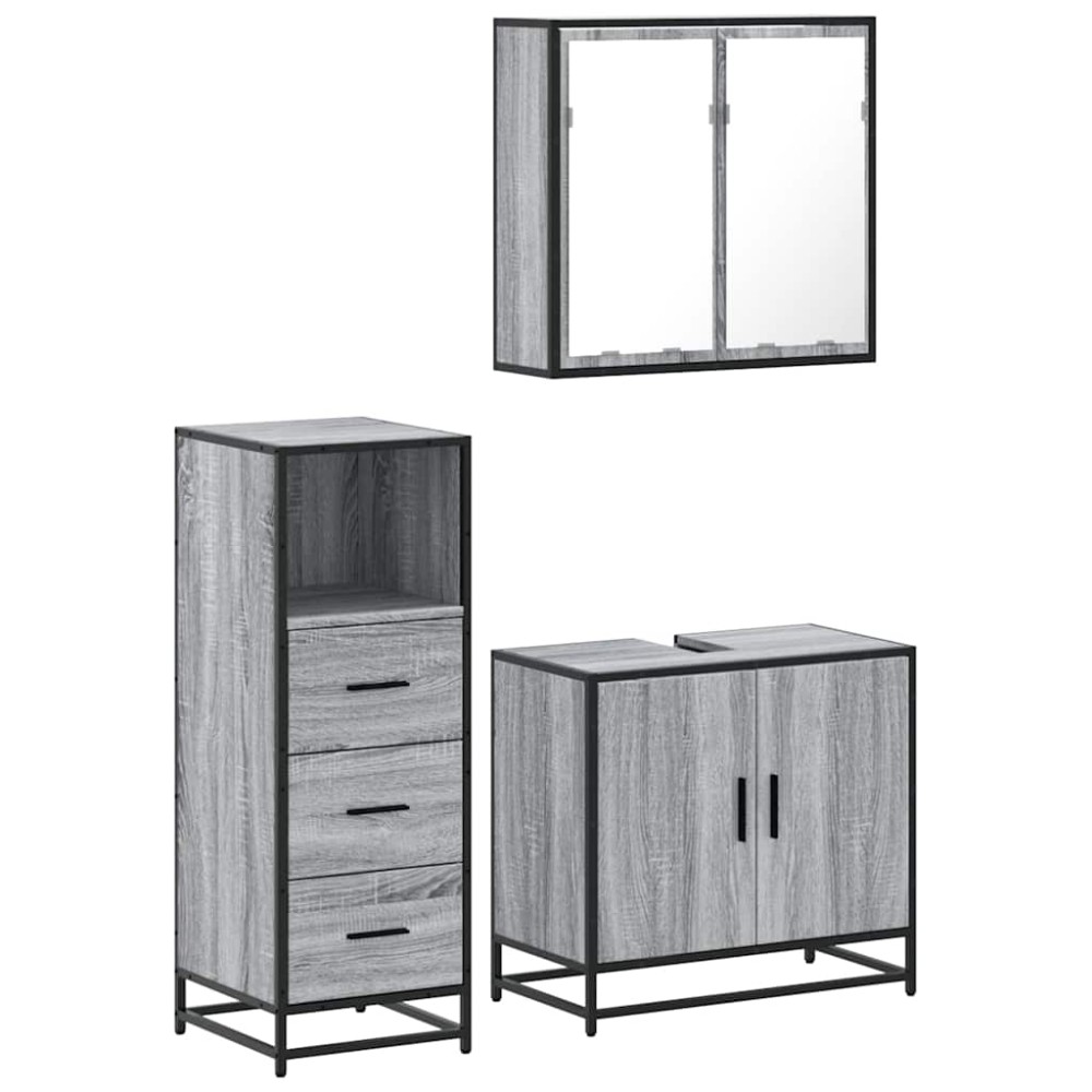 vidaXL Set mobilier de baie, 3 piese, gri sonoma, lemn prelucrat