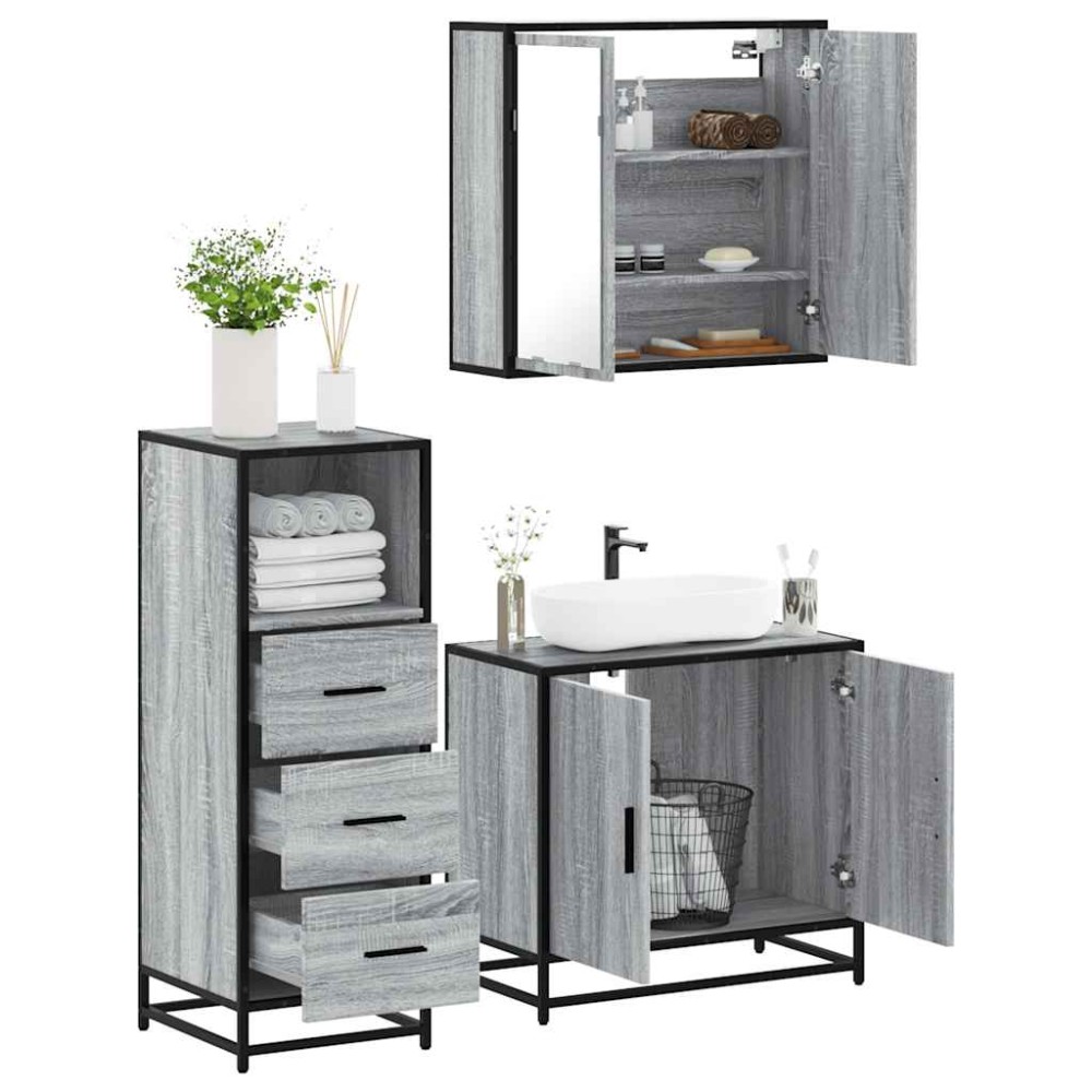 vidaXL Set mobilier de baie, 3 piese, gri sonoma, lemn prelucrat
