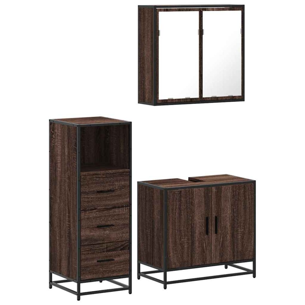 vidaXL Set mobilier de baie, 3 piese, stejar maro, lemn prelucrat