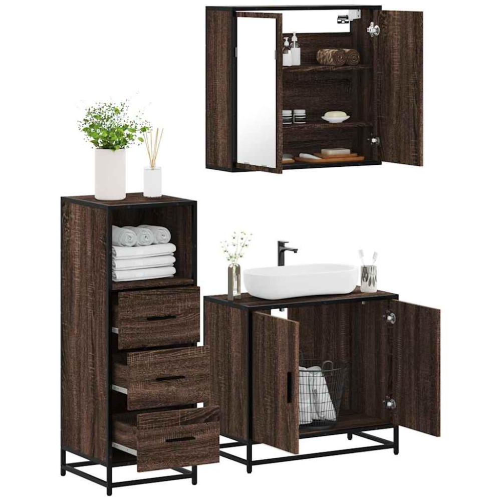 vidaXL Set mobilier de baie, 3 piese, stejar maro, lemn prelucrat