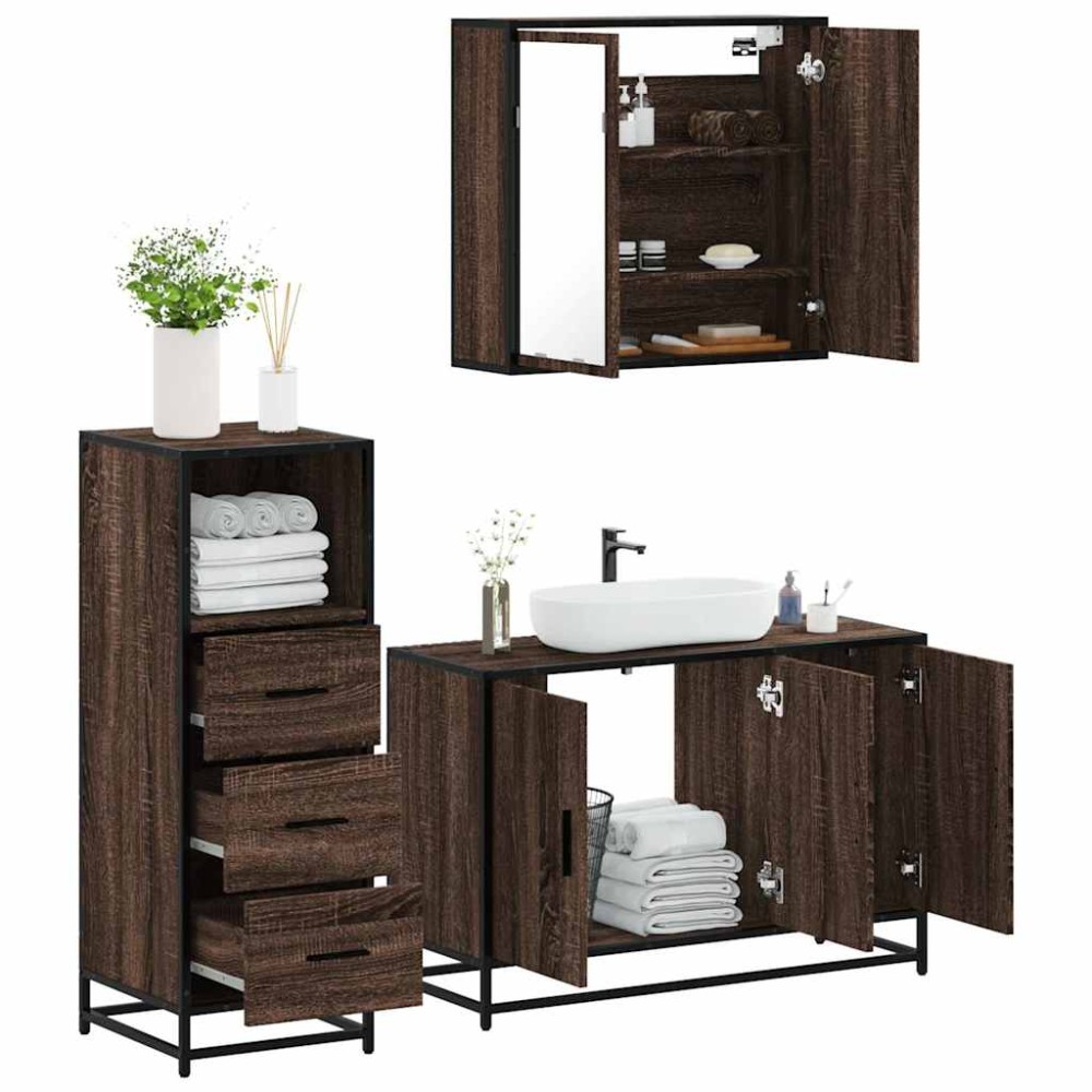 vidaXL Set mobilier de baie, 3 piese, stejar maro, lemn prelucrat