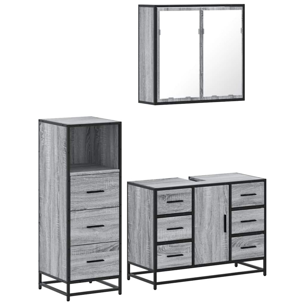 vidaXL Set mobilier de baie, 3 piese, gri sonoma, lemn prelucrat