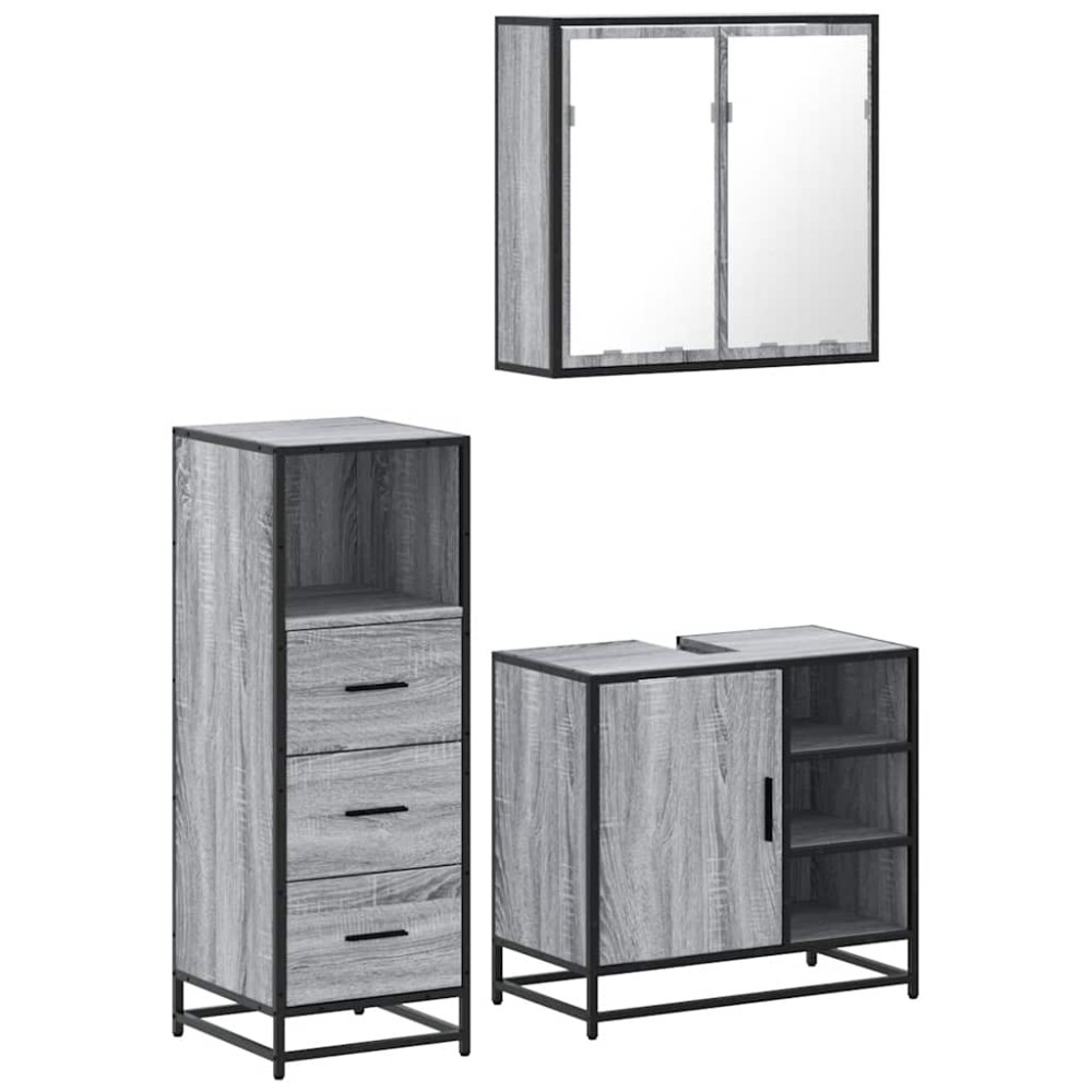 vidaXL Set mobilier de baie, 3 piese, gri sonoma, lemn prelucrat