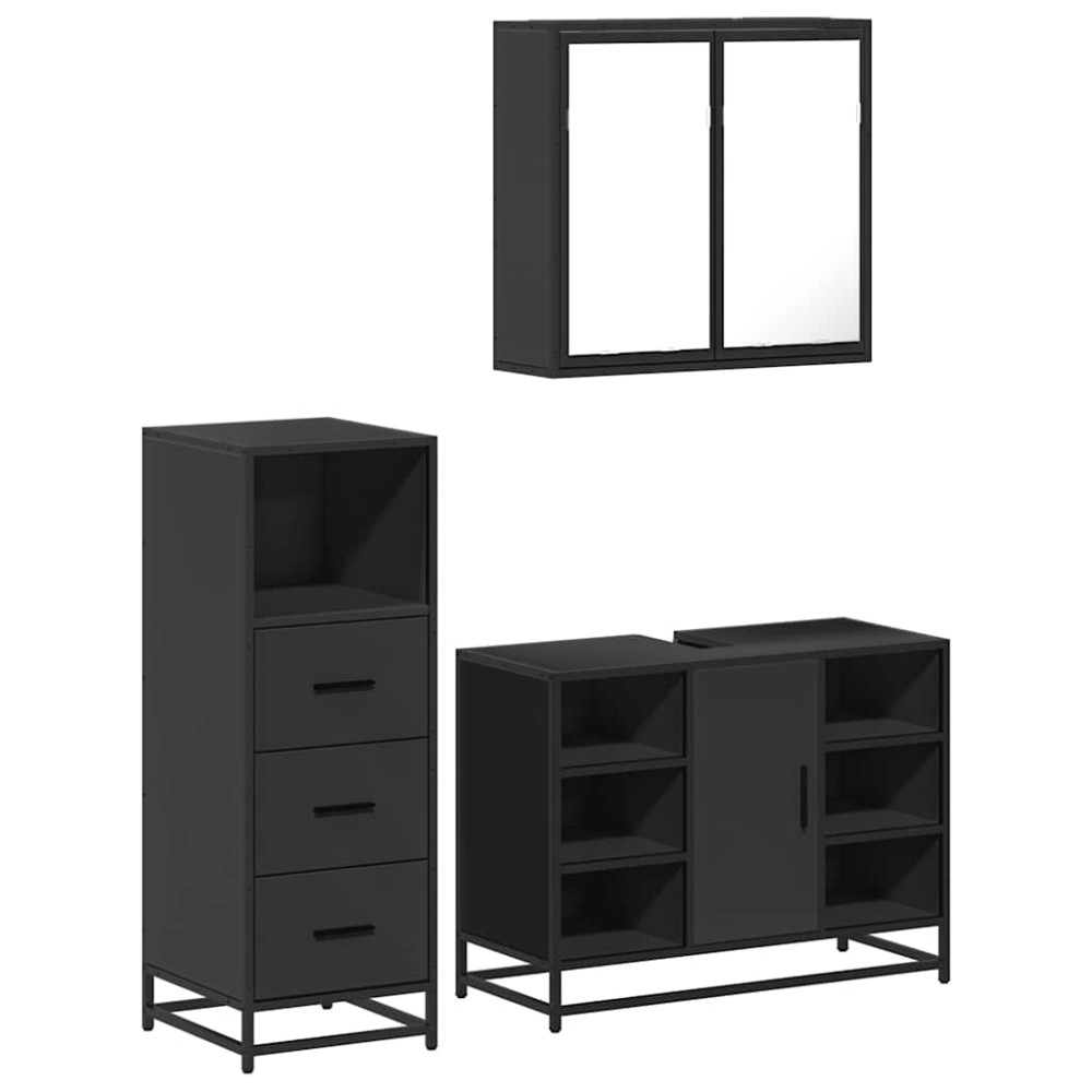 vidaXL Set mobilier de baie, 3 piese, negru, lemn compozit