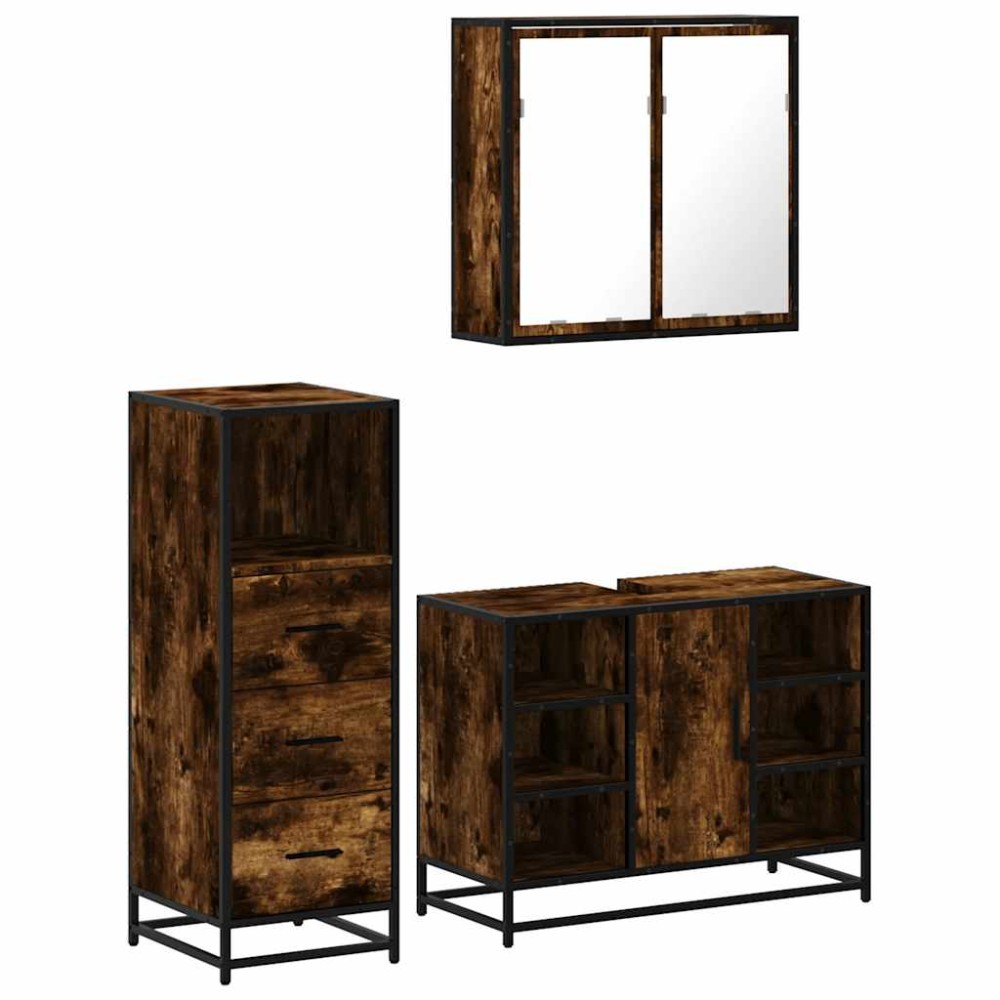 vidaXL Set mobilier de baie, 3 piese, stejar fumuriu, lemn prelucrat