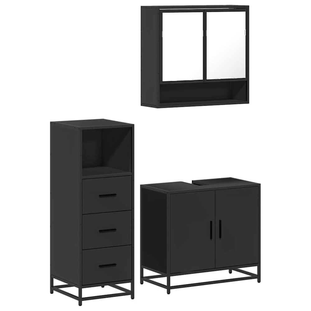vidaXL Set mobilier de baie, 3 piese, negru, lemn compozit
