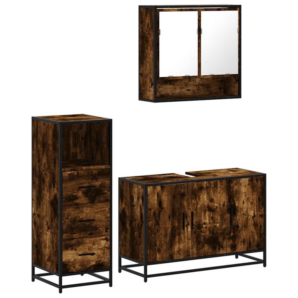 vidaXL Set mobilier de baie, 3 piese, stejar fumuriu, lemn prelucrat