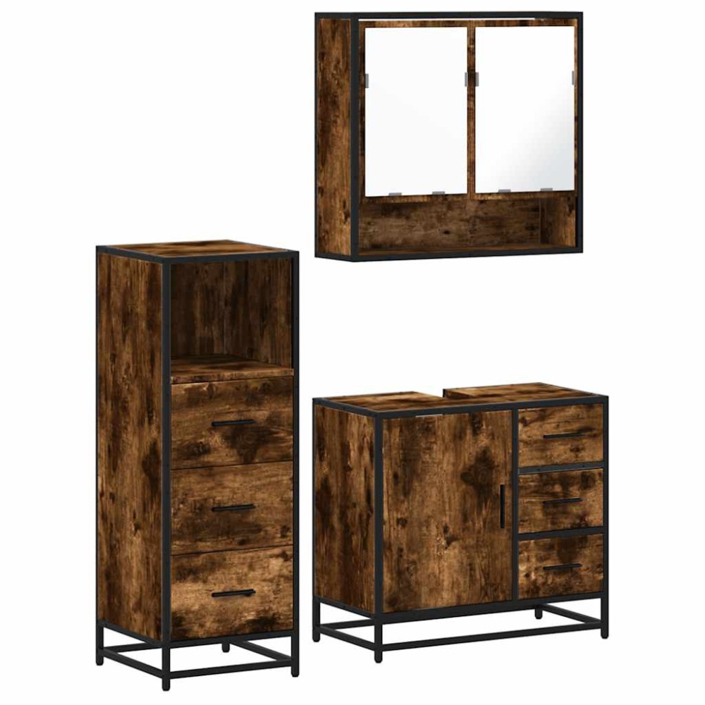 vidaXL Set mobilier de baie, 3 piese, stejar fumuriu, lemn prelucrat