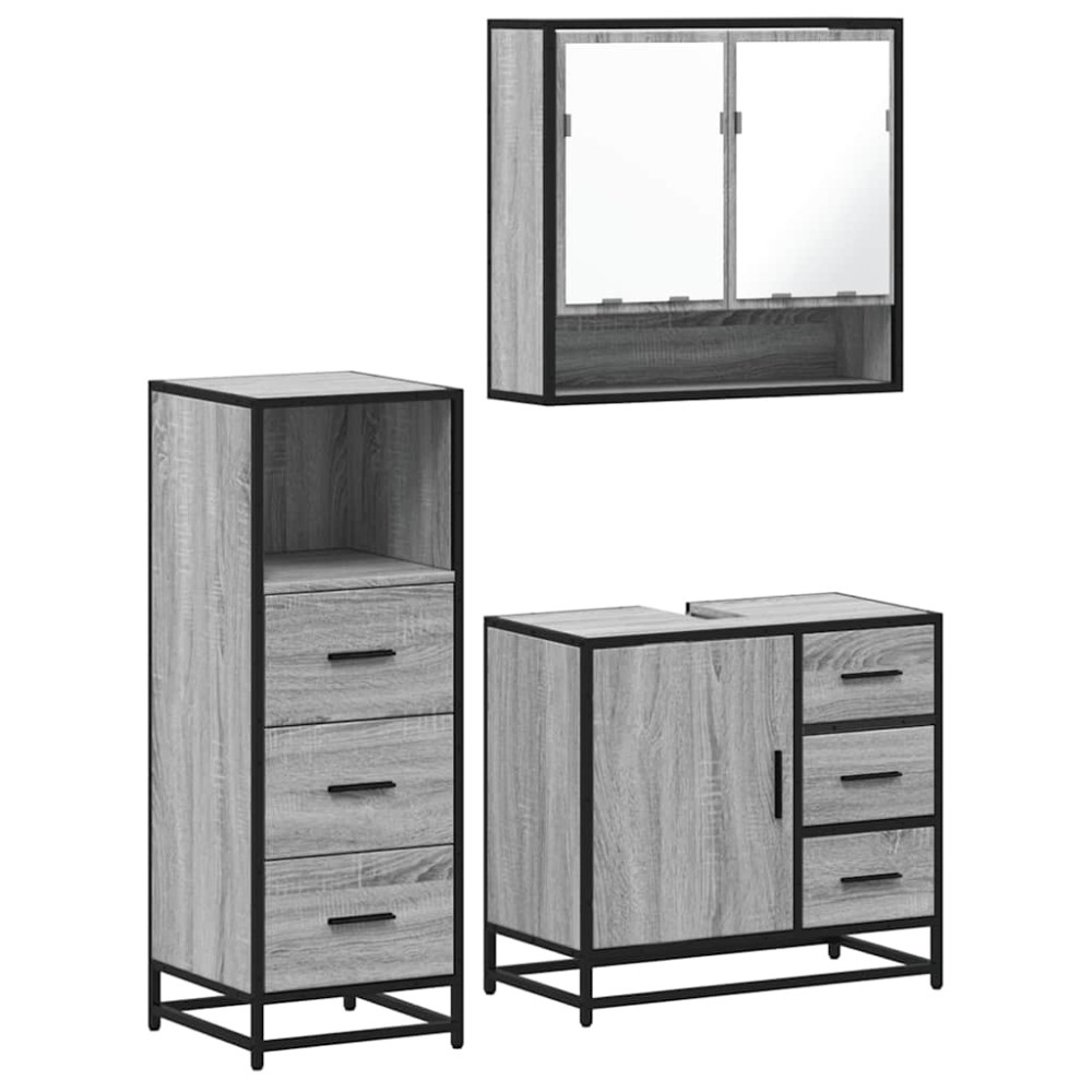 vidaXL Set mobilier de baie, 3 piese, gri sonoma, lemn prelucrat