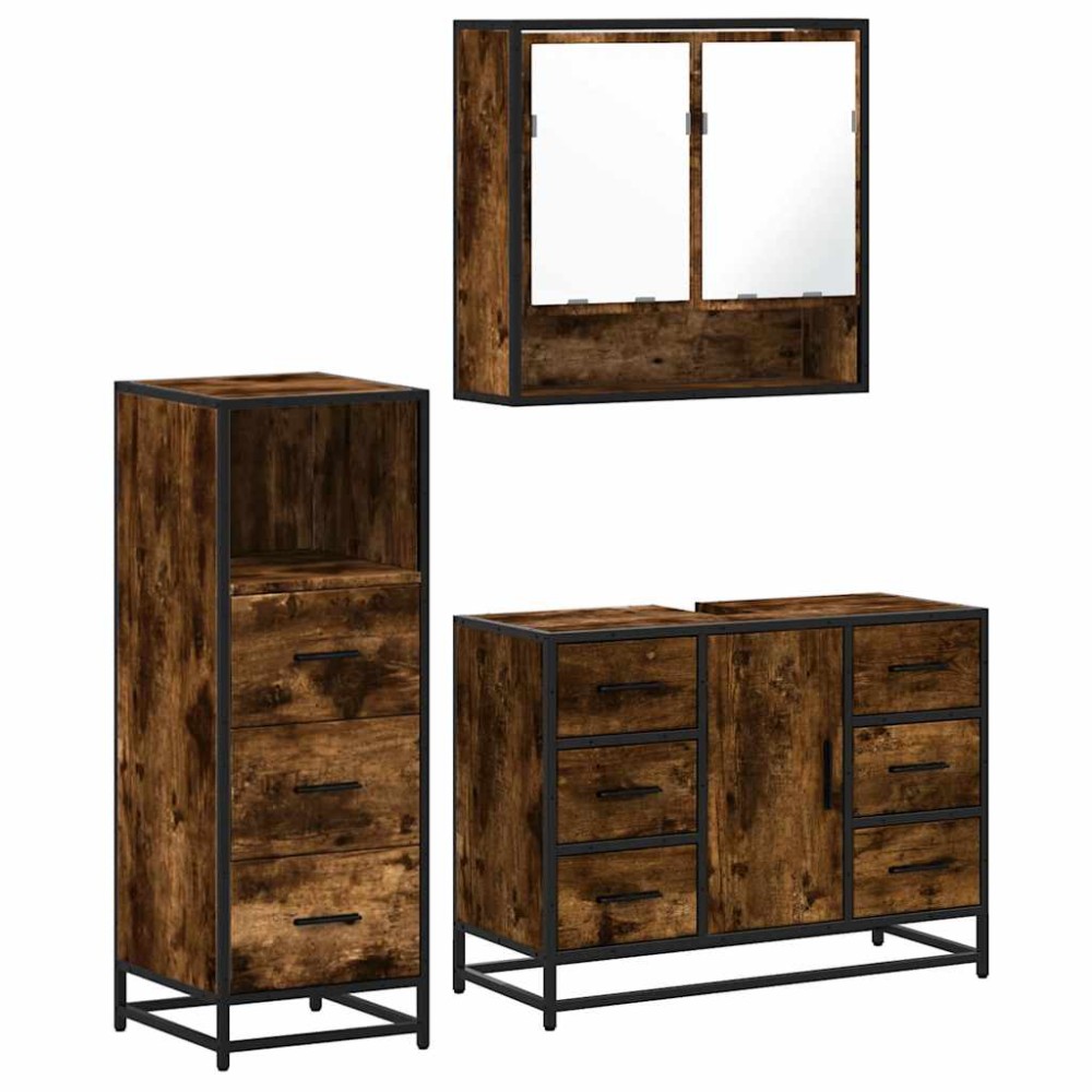vidaXL Set mobilier de baie, 3 piese, stejar fumuriu, lemn prelucrat