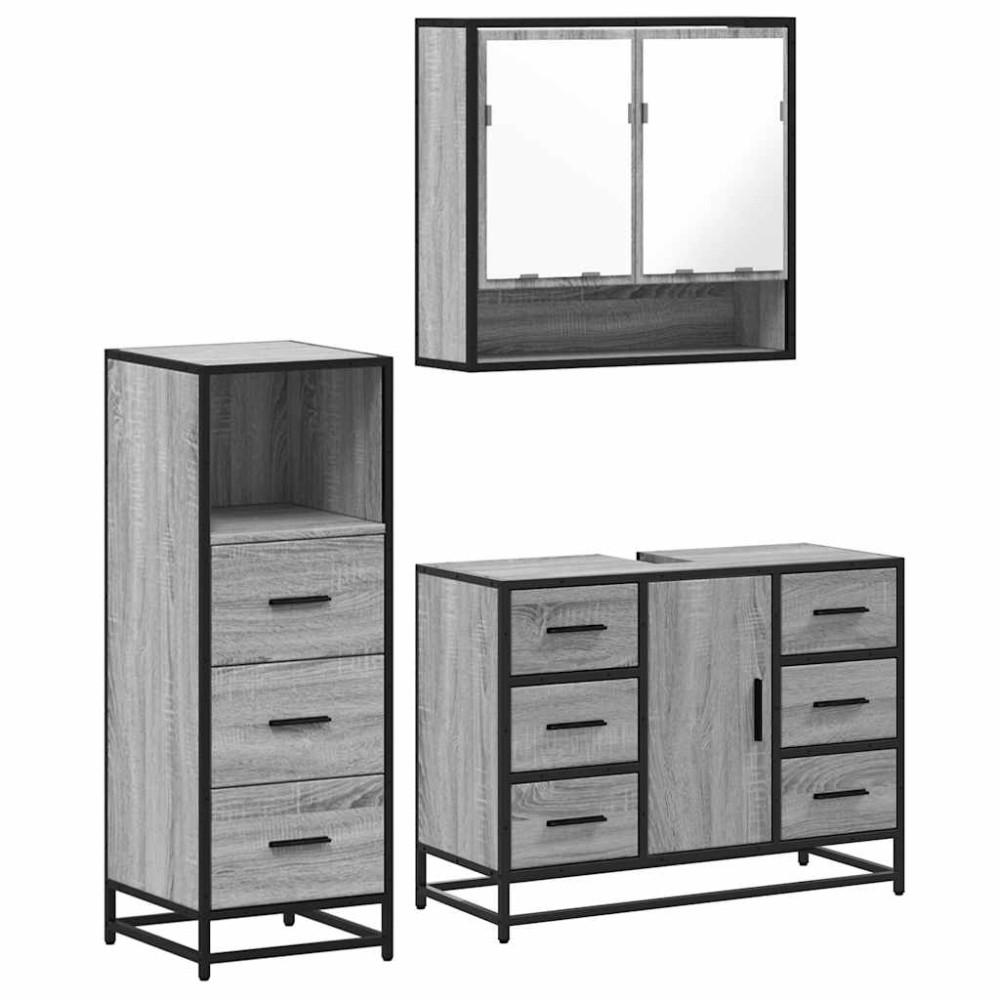 vidaXL Set mobilier de baie, 3 piese, gri sonoma, lemn prelucrat