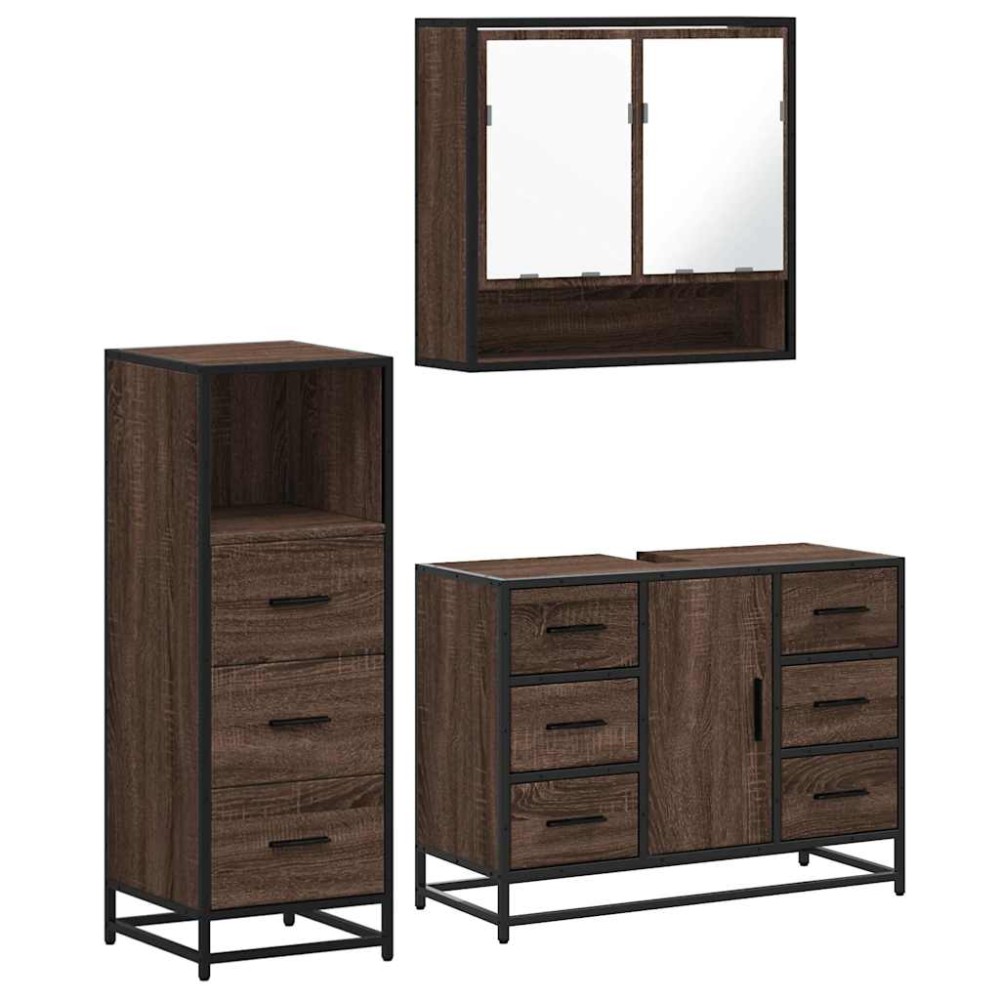 vidaXL Set mobilier de baie, 3 piese, stejar maro, lemn prelucrat