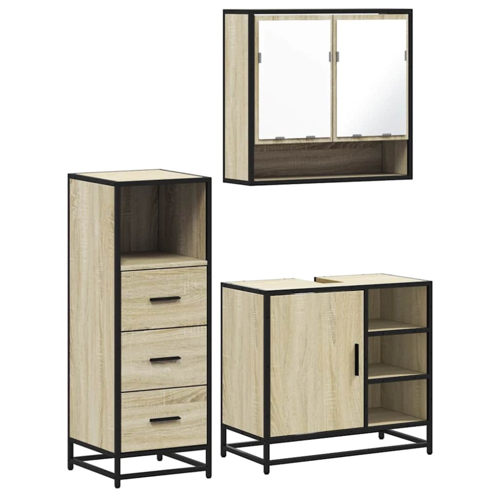 vidaXL Set mobilier de baie, 3 piese, stejar sonoma, lemn prelucrat