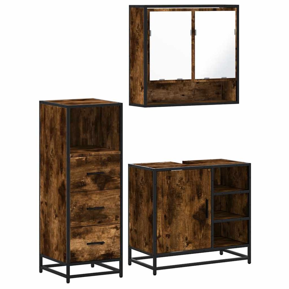 vidaXL Set mobilier de baie, 3 piese, stejar fumuriu, lemn prelucrat