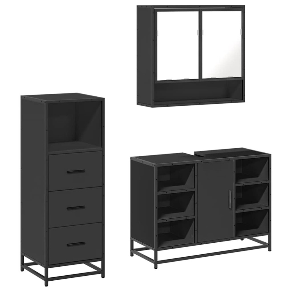 vidaXL Set mobilier de baie, 3 piese, negru, lemn compozit