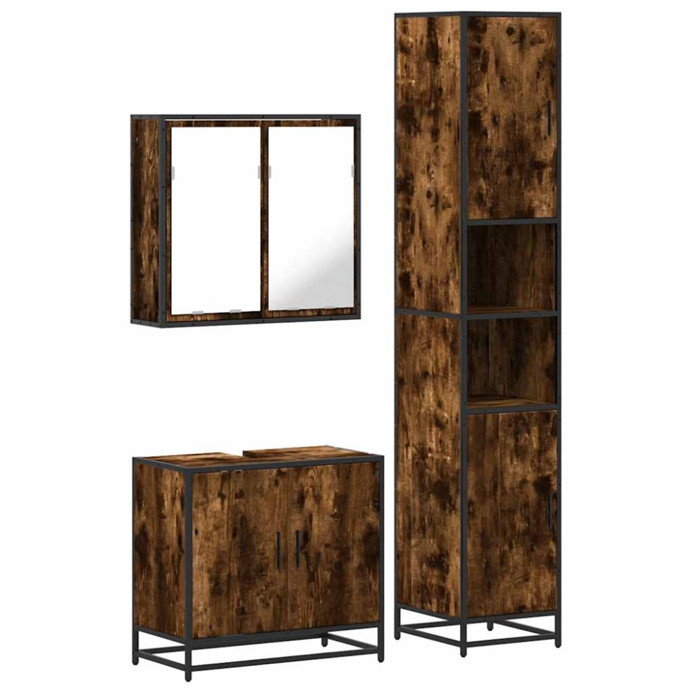 vidaXL Set mobilier de baie, 3 piese, stejar fumuriu, lemn prelucrat