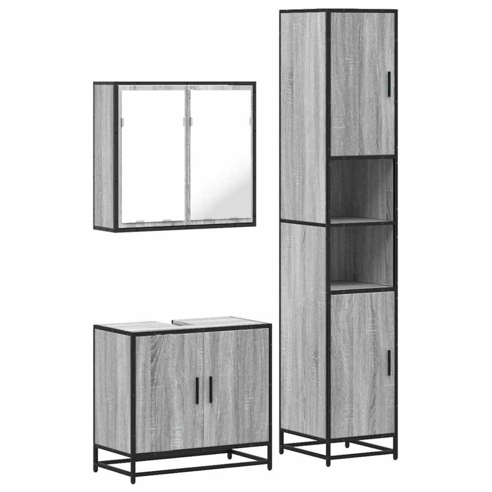 vidaXL Set mobilier de baie, 3 piese, gri sonoma, lemn prelucrat