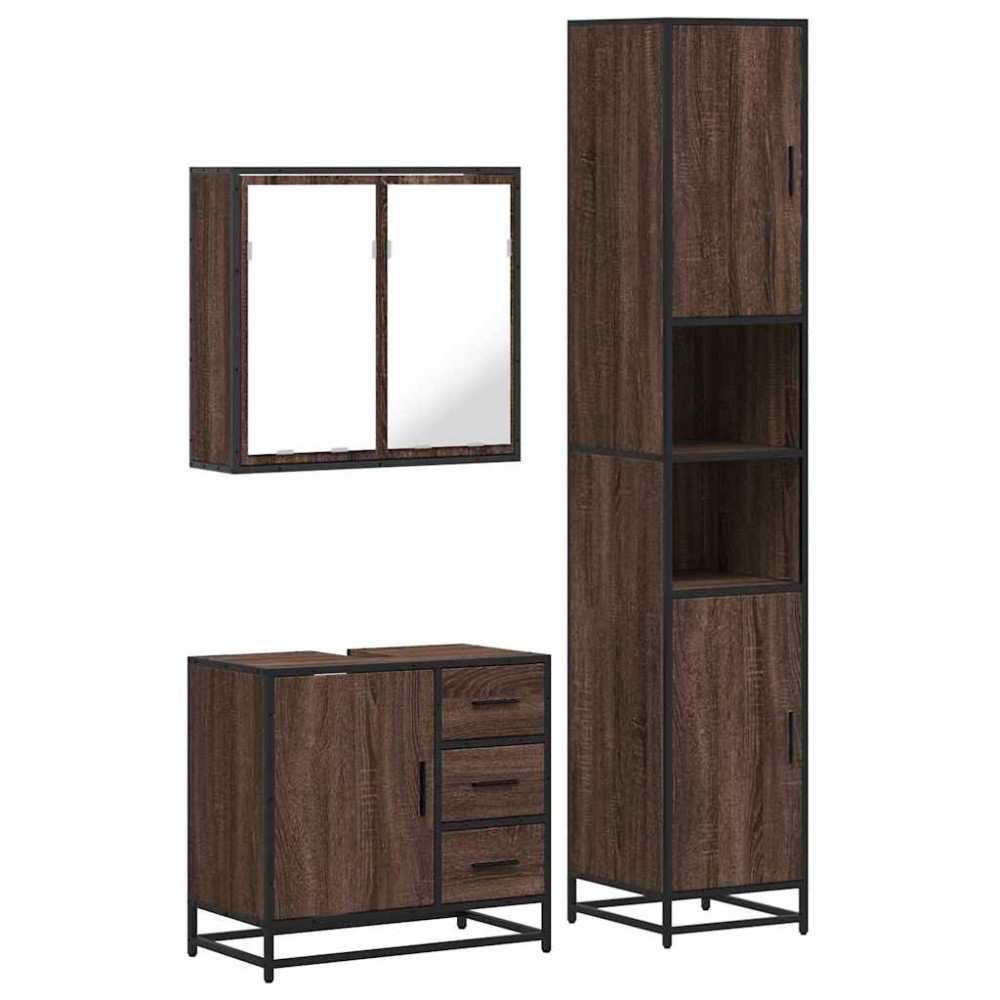 vidaXL Set mobilier de baie, 3 piese, stejar maro, lemn prelucrat