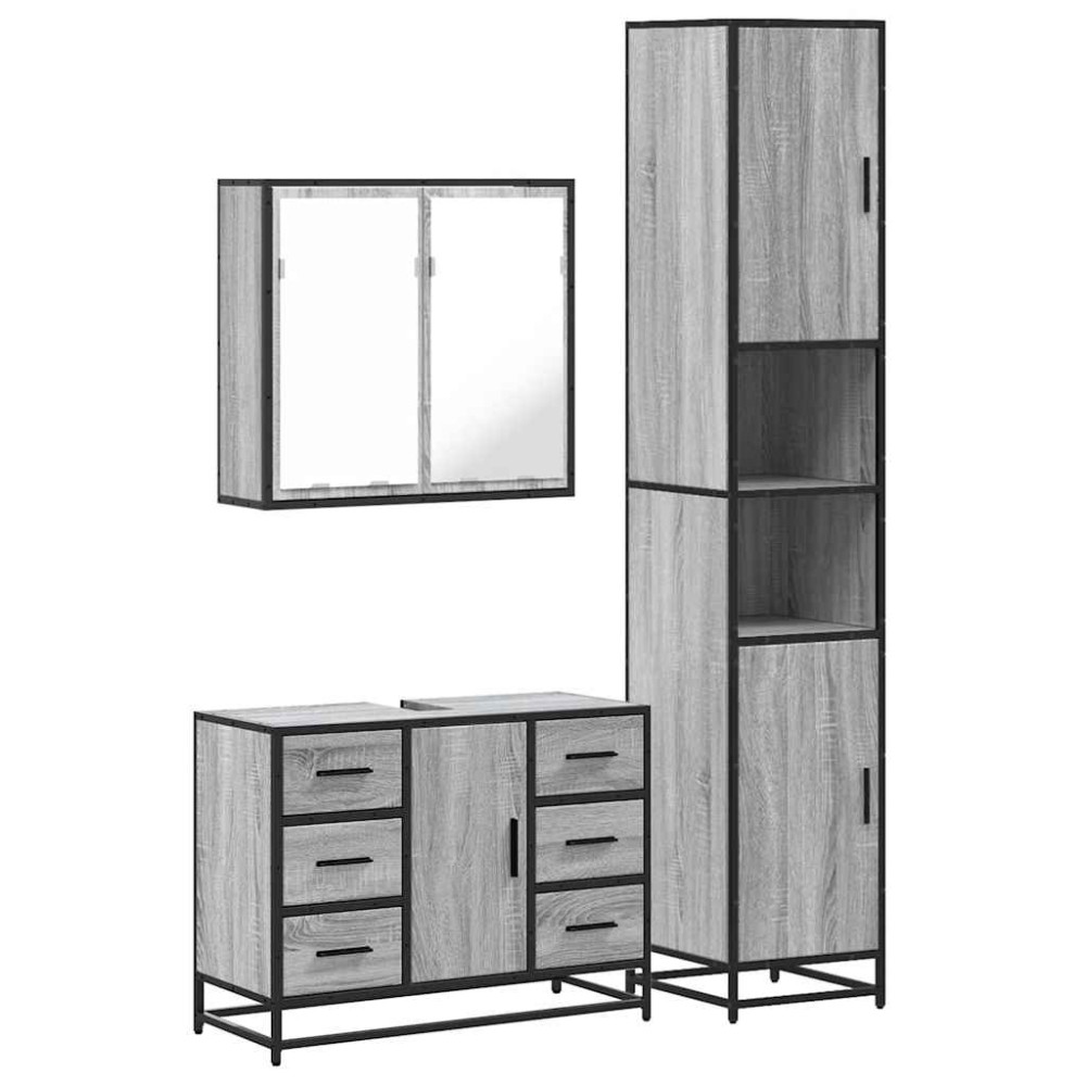 vidaXL Set mobilier de baie, 3 piese, gri sonoma, lemn prelucrat
