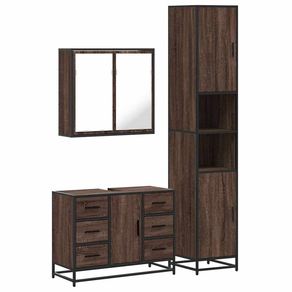 vidaXL Set mobilier de baie, 3 piese, stejar maro, lemn prelucrat