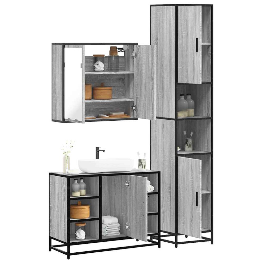 vidaXL Set mobilier de baie, 3 piese, gri sonoma, lemn prelucrat