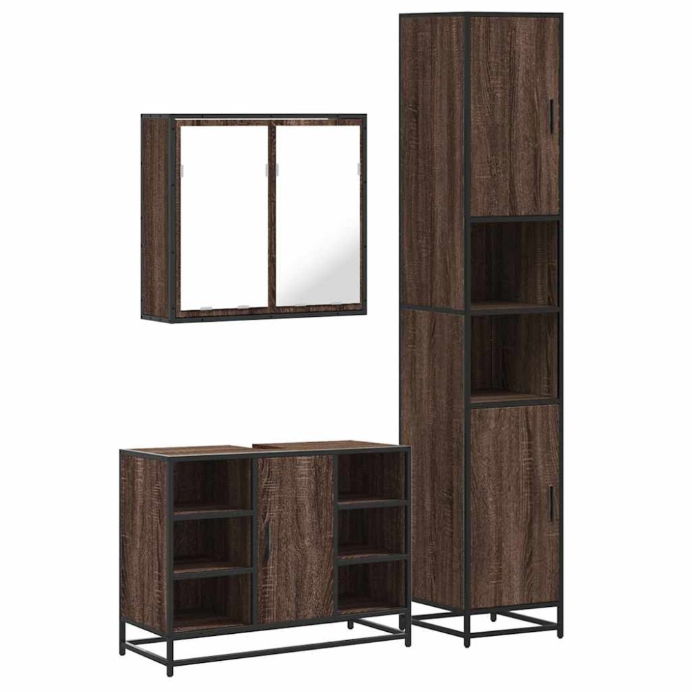 vidaXL Set mobilier de baie, 3 piese, stejar maro, lemn prelucrat