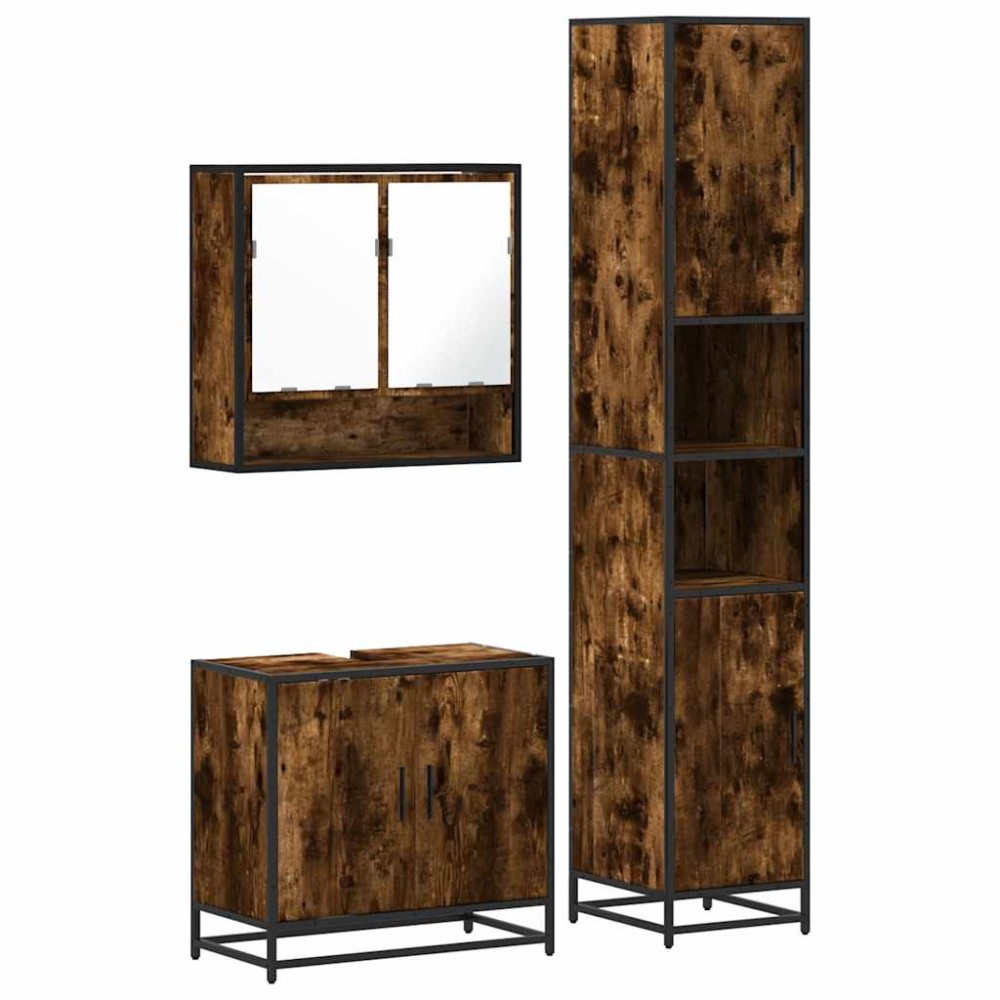 vidaXL Set mobilier de baie, 3 piese, stejar fumuriu, lemn prelucrat
