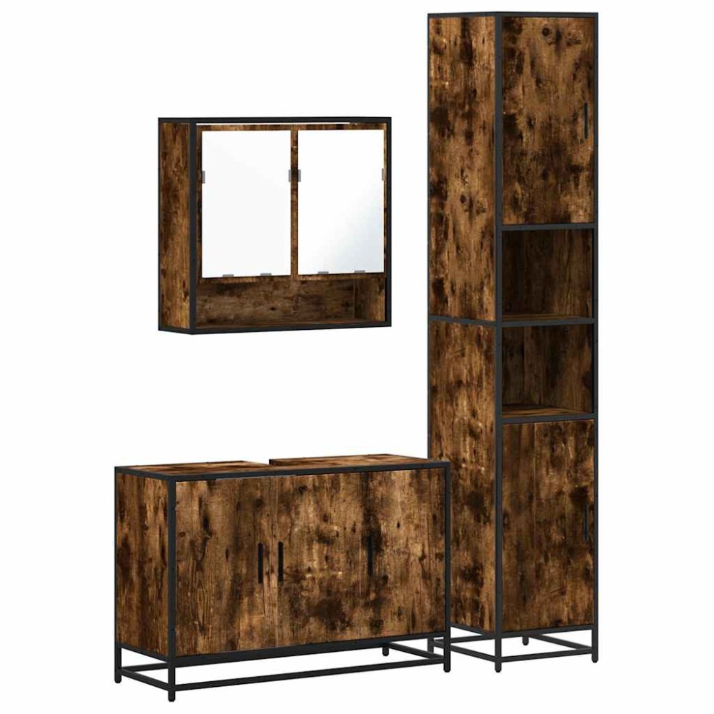 vidaXL Set mobilier de baie, 3 piese, stejar fumuriu, lemn prelucrat