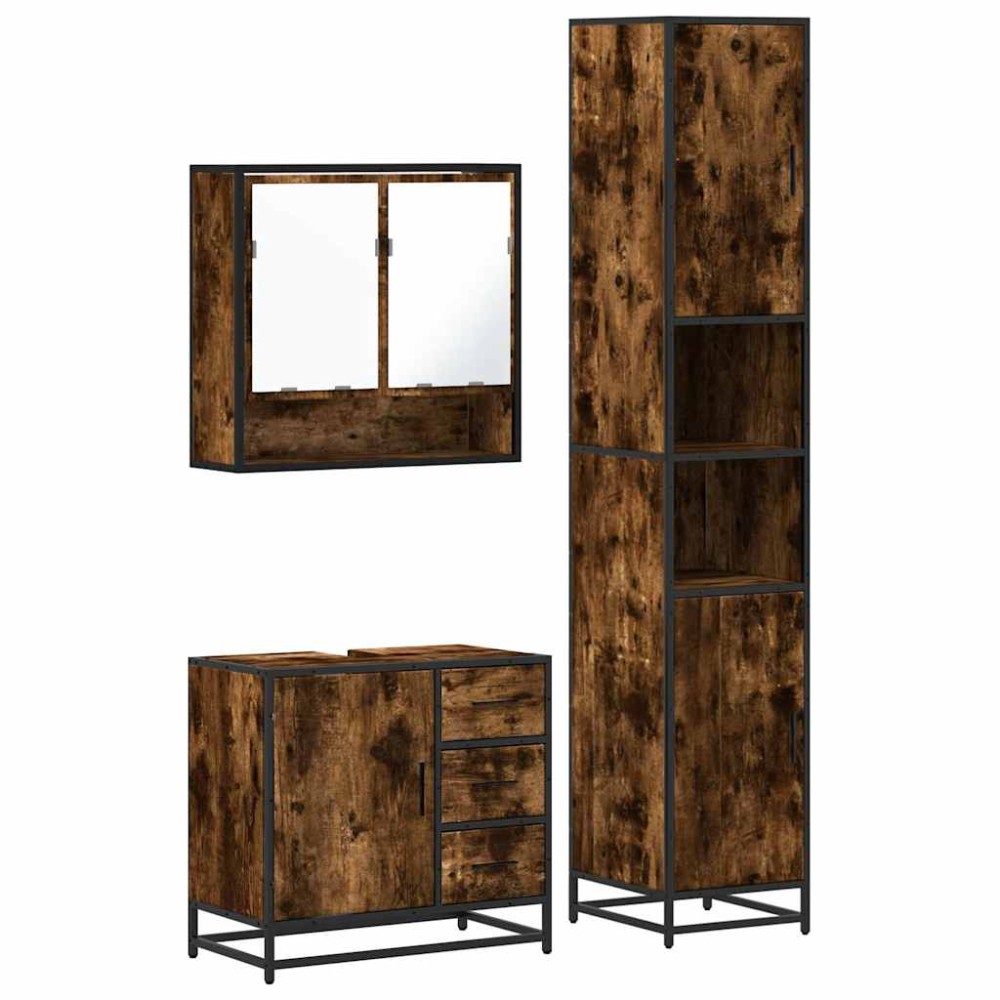 vidaXL Set mobilier de baie, 3 piese, stejar fumuriu, lemn prelucrat