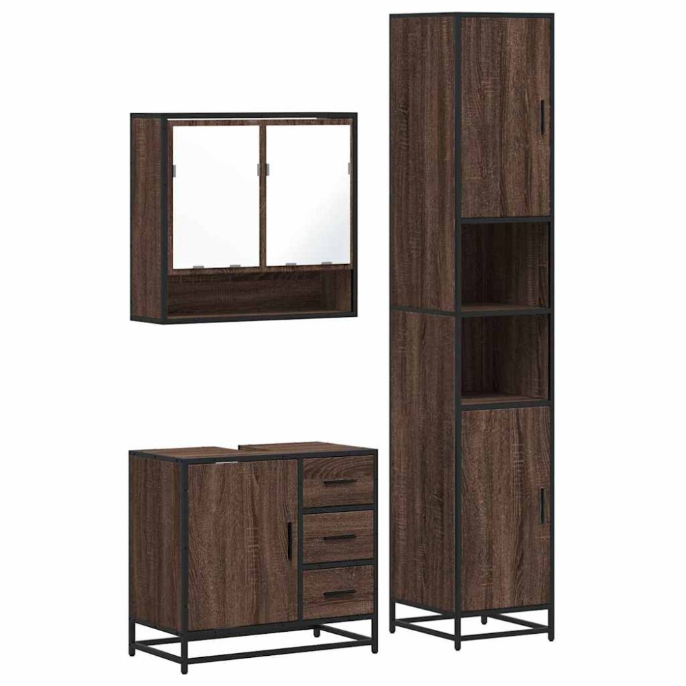 vidaXL Set mobilier de baie, 3 piese, stejar maro, lemn prelucrat