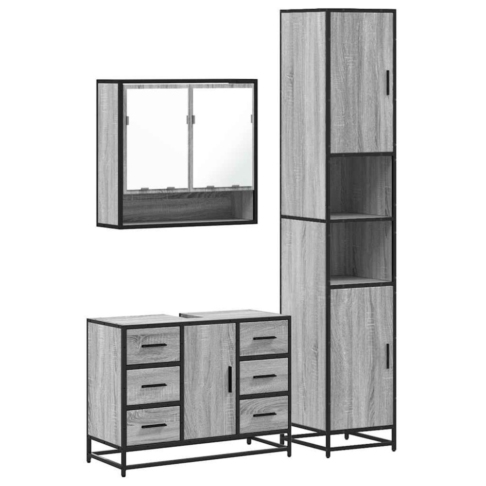 vidaXL Set mobilier de baie, 3 piese, gri sonoma, lemn prelucrat