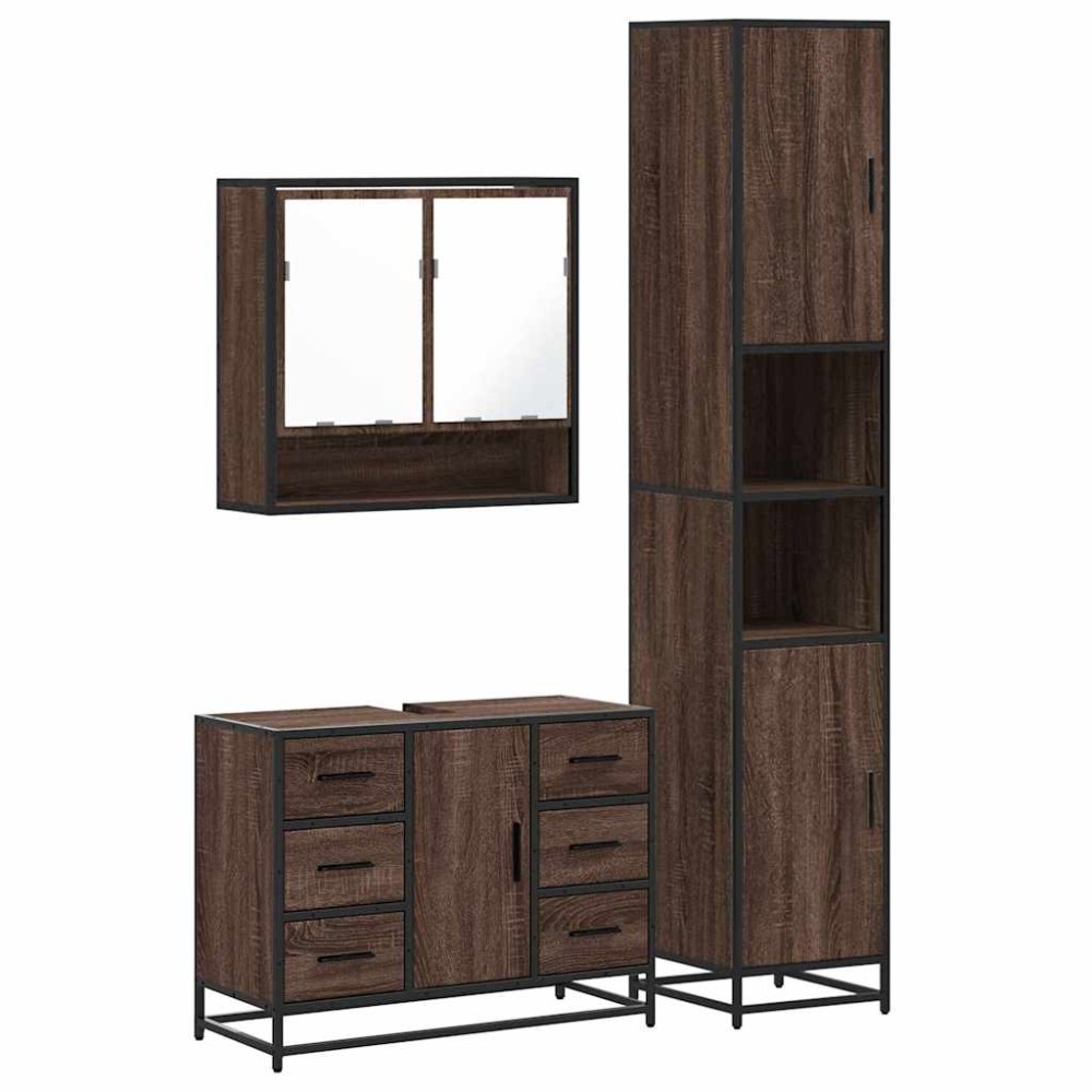 vidaXL Set mobilier de baie, 3 piese, stejar maro, lemn prelucrat