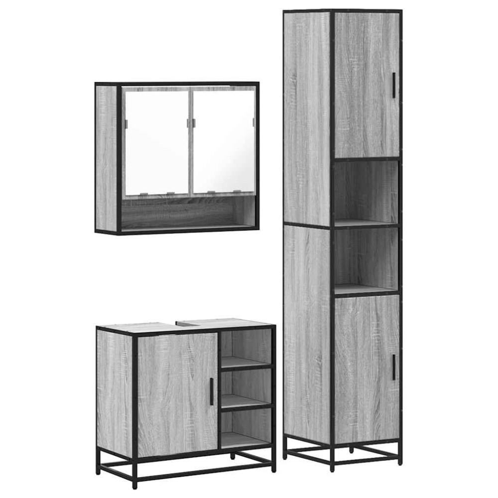 vidaXL Set mobilier de baie, 3 piese, gri sonoma, lemn prelucrat