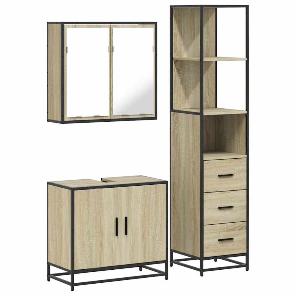 vidaXL Set mobilier de baie, 3 piese, stejar sonoma, lemn prelucrat