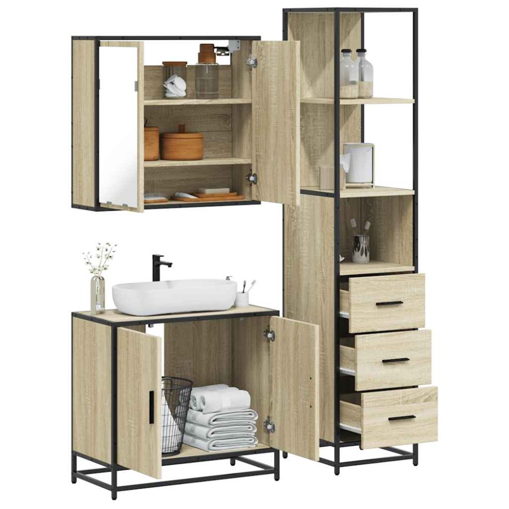 vidaXL Set mobilier de baie, 3 piese, stejar sonoma, lemn prelucrat