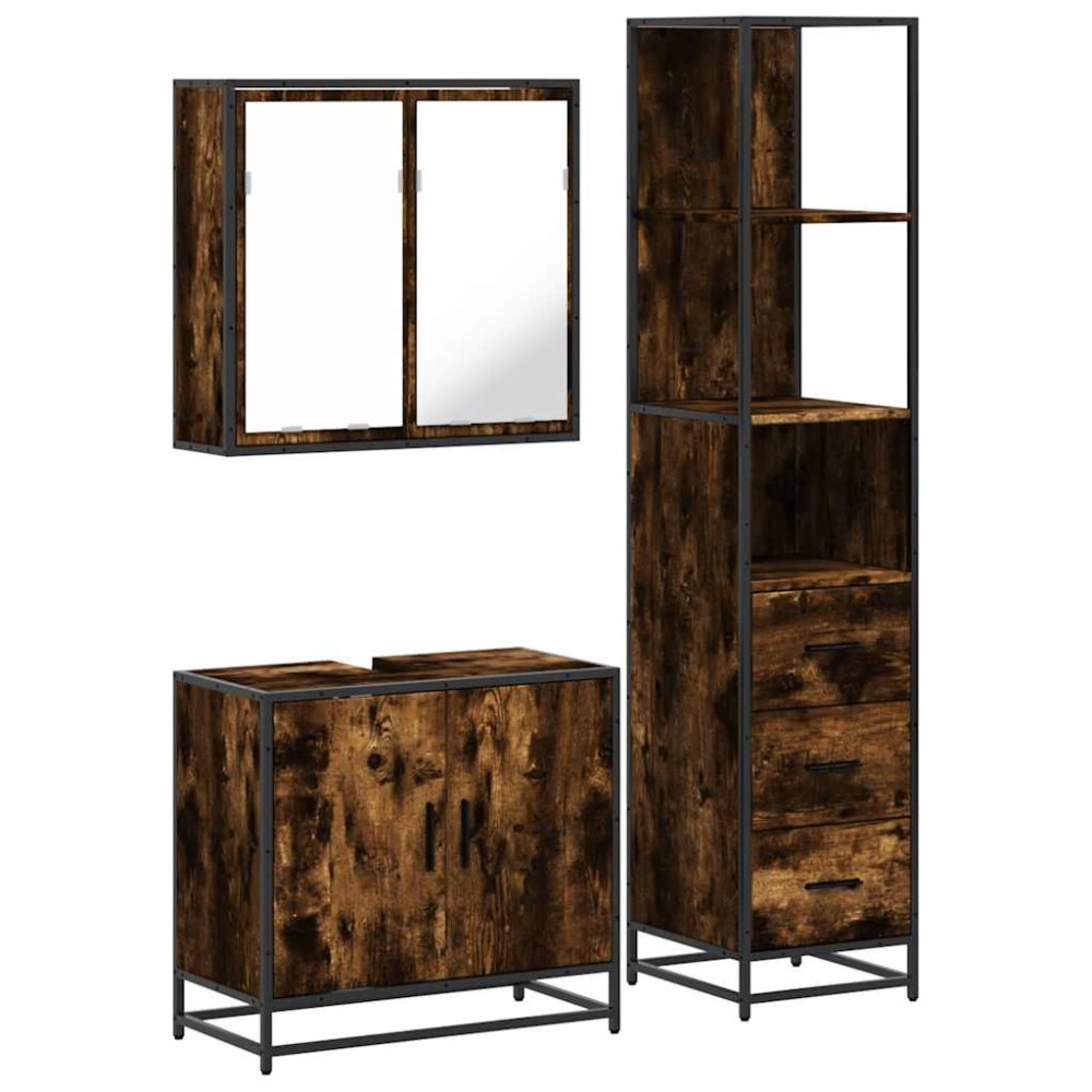 vidaXL Set mobilier de baie, 3 piese, stejar fumuriu, lemn prelucrat