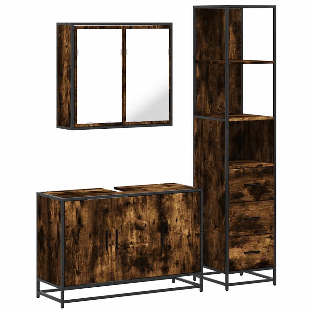 vidaXL Set mobilier de baie, 3 piese, stejar fumuriu, lemn prelucrat