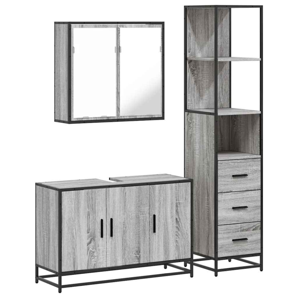 vidaXL Set mobilier de baie, 3 piese, gri sonoma, lemn prelucrat
