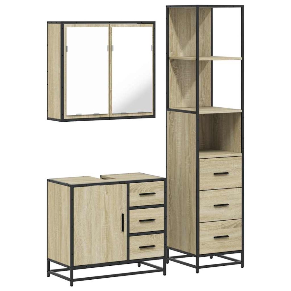 vidaXL Set mobilier de baie, 3 piese, stejar sonoma, lemn prelucrat