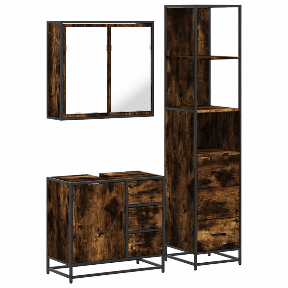 vidaXL Set mobilier de baie, 3 piese, stejar fumuriu, lemn prelucrat