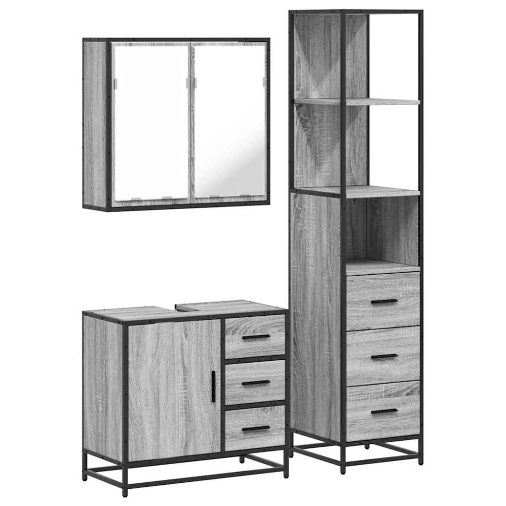 vidaXL Set mobilier de baie, 3 piese, gri sonoma, lemn prelucrat
