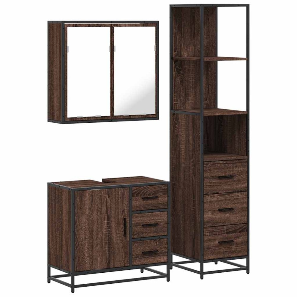 vidaXL Set mobilier de baie, 3 piese, stejar maro, lemn prelucrat