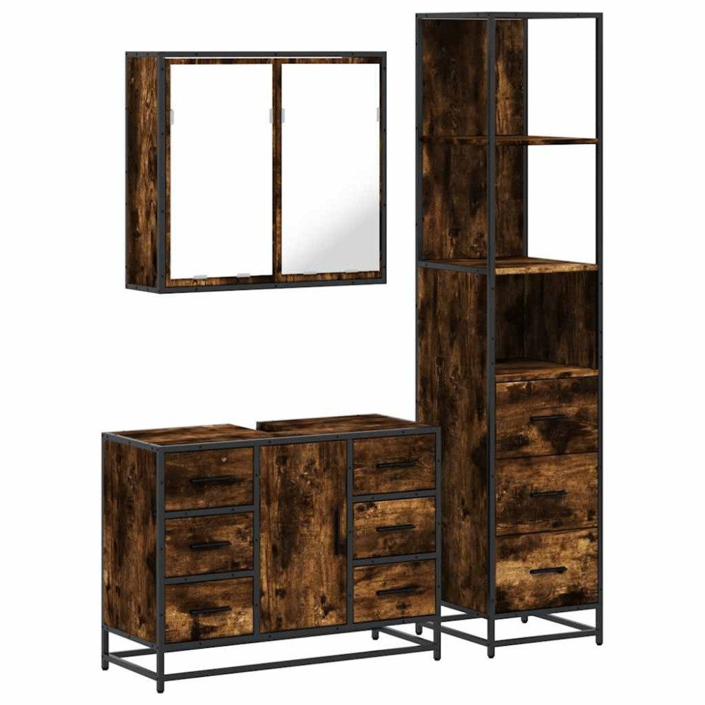 vidaXL Set mobilier de baie, 3 piese, stejar fumuriu, lemn prelucrat