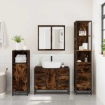 vidaXL Set mobilier de baie, 3 piese, stejar fumuriu, lemn prelucrat
