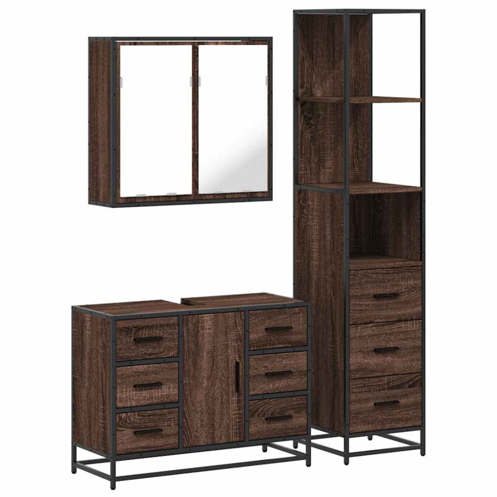 vidaXL Set mobilier de baie, 3 piese, stejar maro, lemn prelucrat