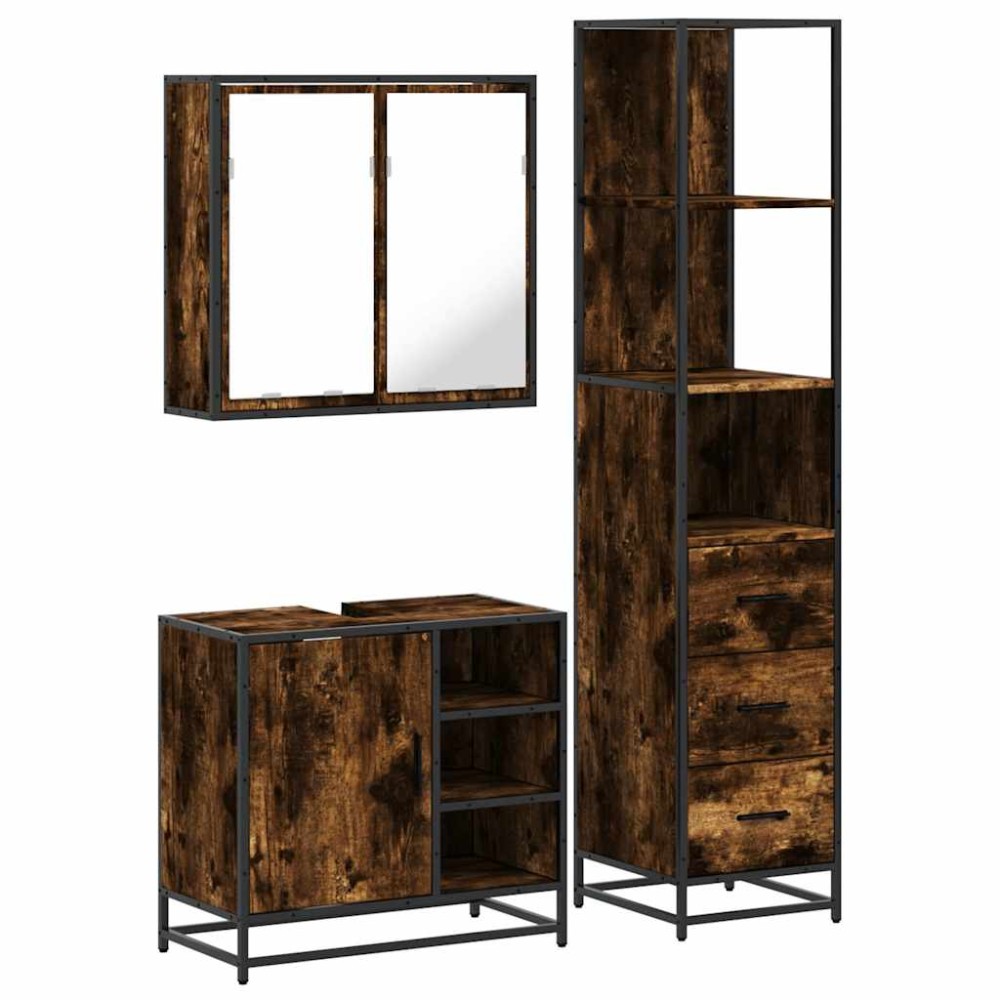 vidaXL Set mobilier de baie, 3 piese, stejar fumuriu, lemn prelucrat