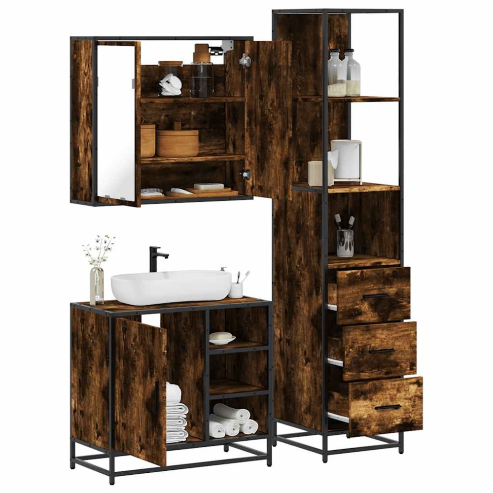vidaXL Set mobilier de baie, 3 piese, stejar fumuriu, lemn prelucrat