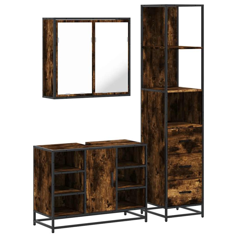vidaXL Set mobilier de baie, 3 piese, stejar fumuriu, lemn prelucrat