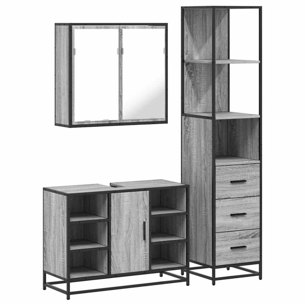 vidaXL Set mobilier de baie, 3 piese, gri sonoma, lemn prelucrat